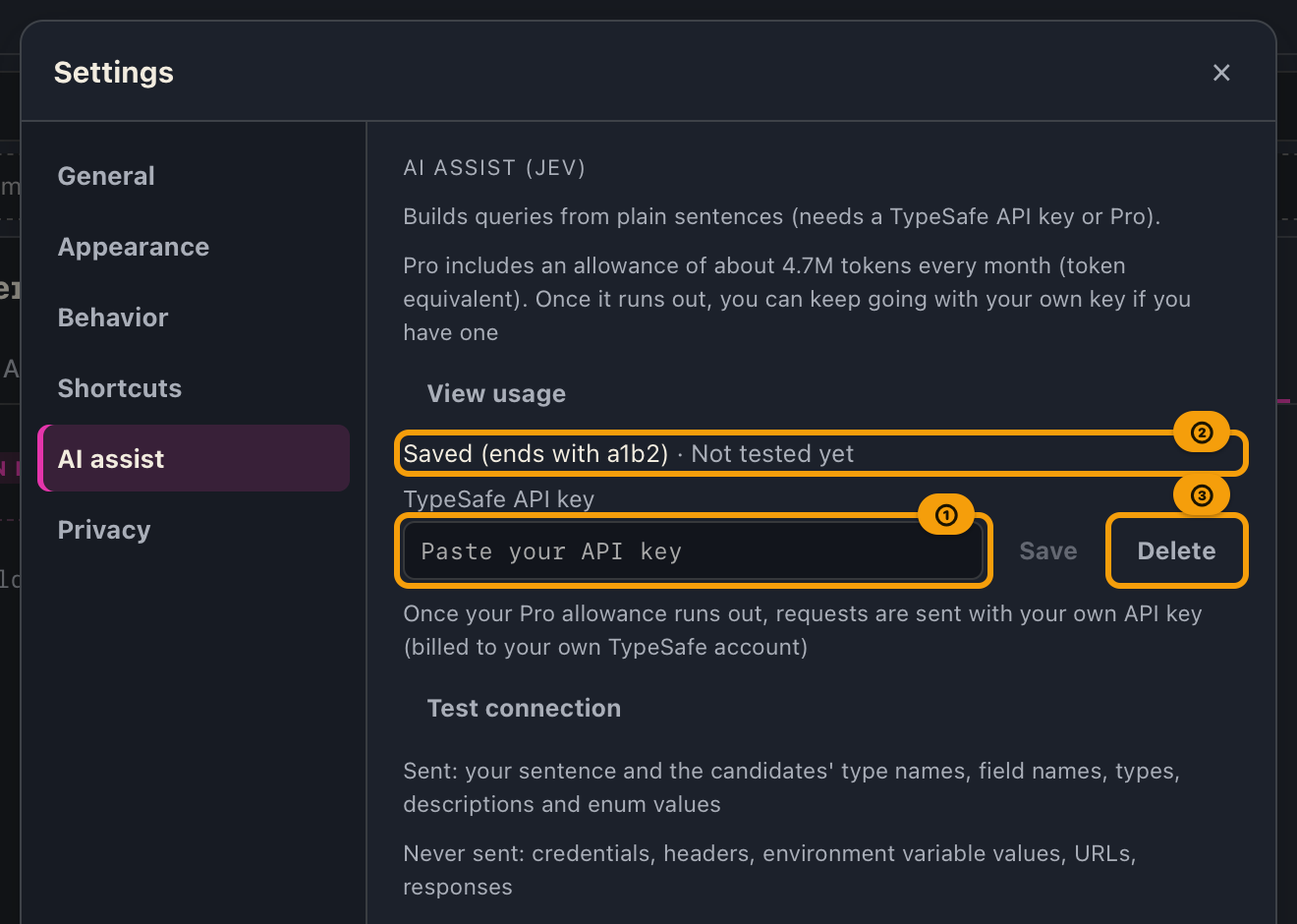 The AI assist (Jev) section in Settings after saving a key, showing the last 4 characters of the key and the Delete button