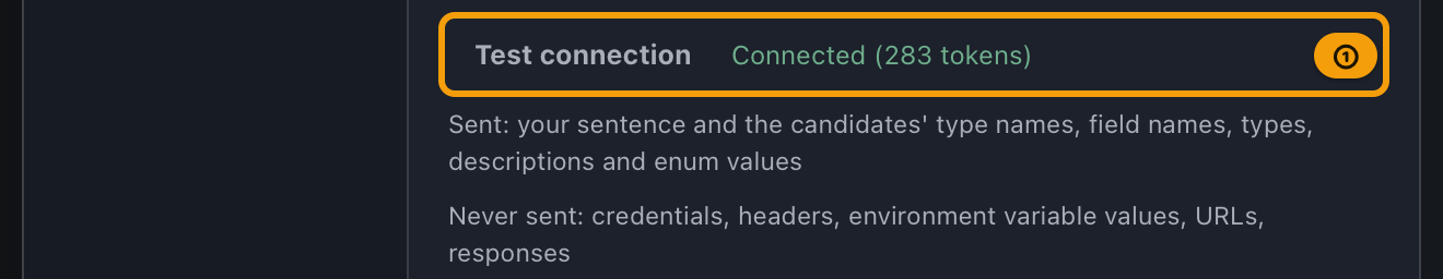 The Test connection button with "Connected" and the token count shown to its right