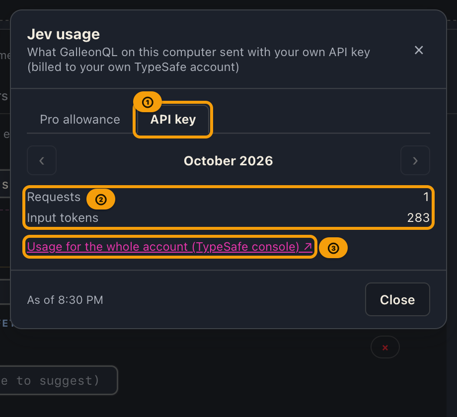 The API key tab of the usage pop-up, showing this month's requests and input tokens