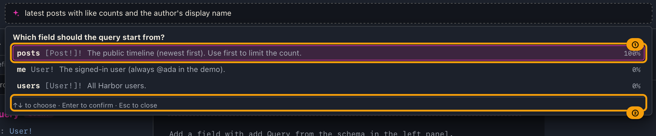 Three root candidates below the input, each with a probability, with the first one selected