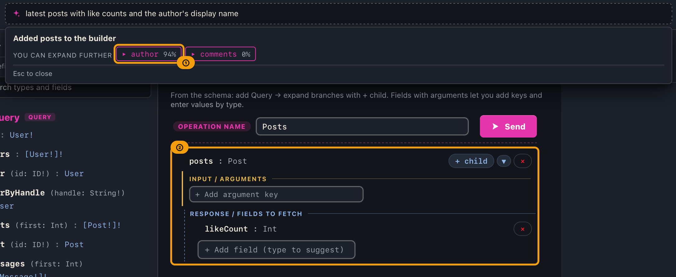 The view after confirming: the suggested branch buttons and the posts query added to the builder
