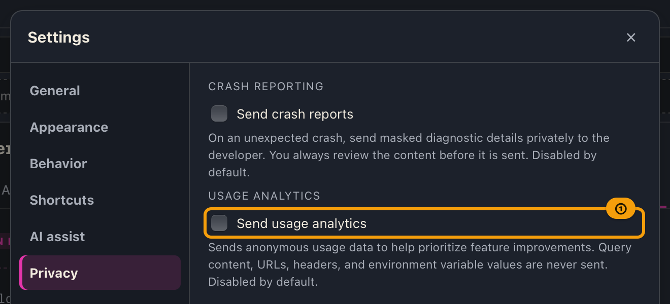 The usage analytics checkbox in Settings, just below the crash reporting item