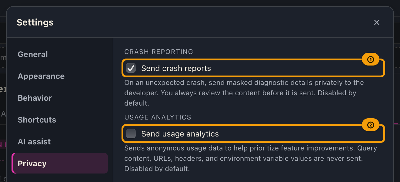 The crash reporting and usage analytics checkboxes in Settings