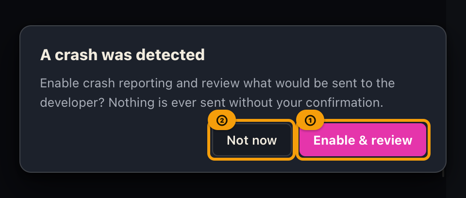 The notice that a crash was detected, offering to review the report now or not