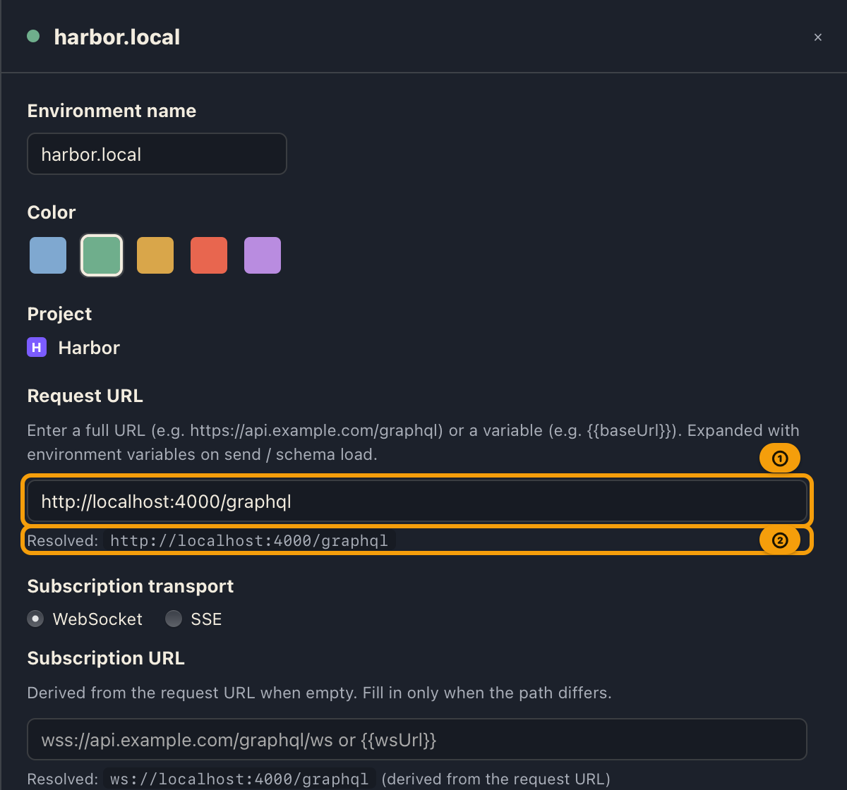 The Request URL section of the environment editor, with the input field and the resolved preview beneath it