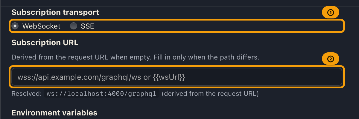 The subscription part of the environment editor, with the transport choice and the destination field