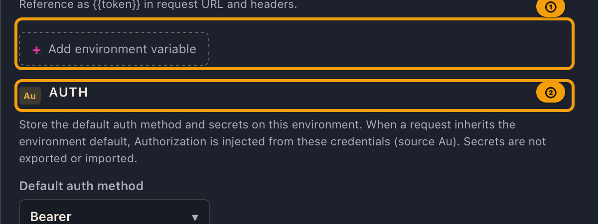 The environment variables section of the environment editor, with the authentication section below it