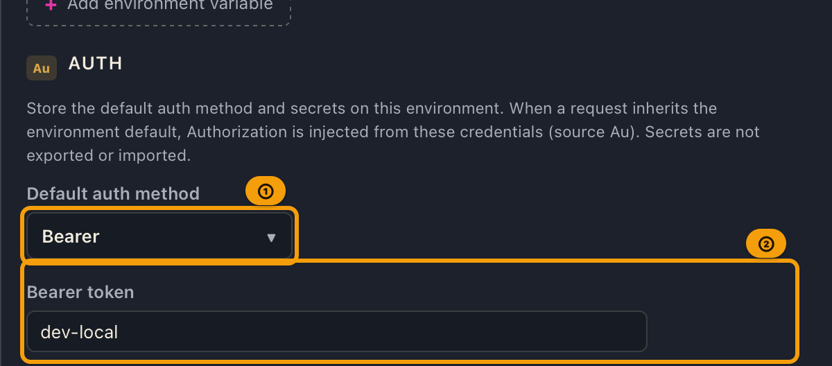 The Auth section of the environment editor, with Bearer chosen as the default method and a token entered