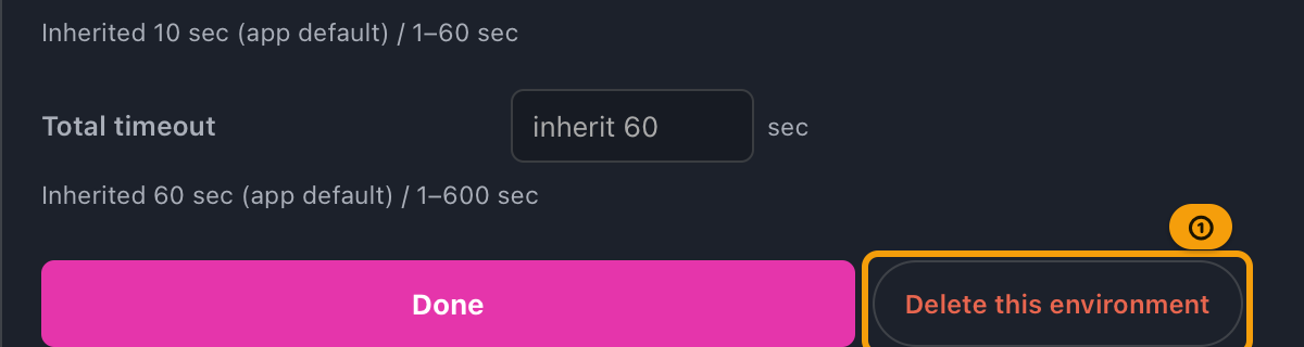The bottom of the environment editor, with the Done button and the Delete this environment button