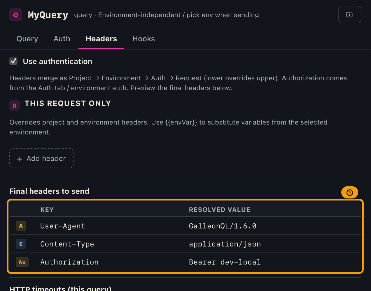 The "Final headers to send" list on the Headers tab, with source badges