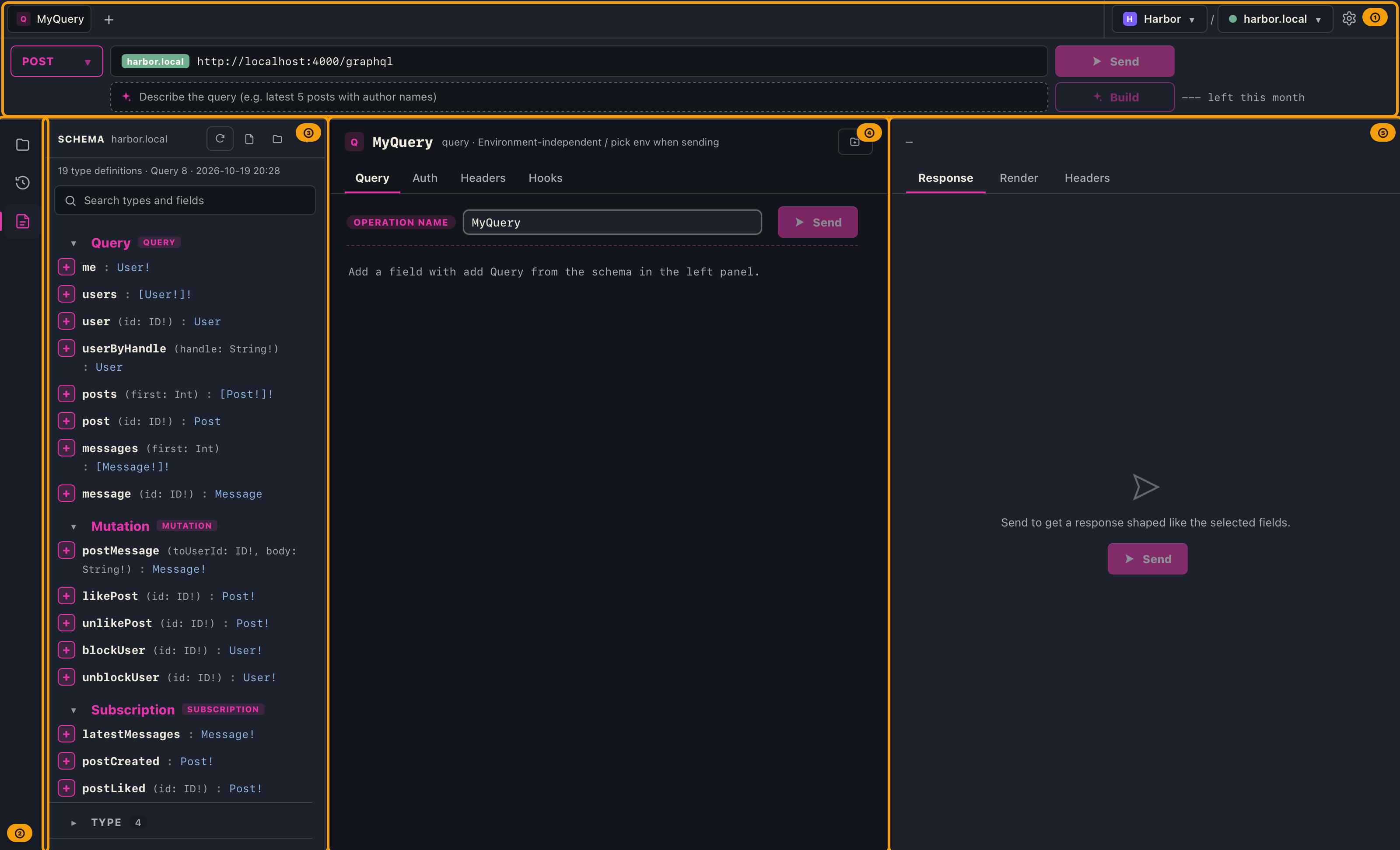 The whole GalleonQL window after launch on Pro, with an AI assist input row below the second row of the top bar