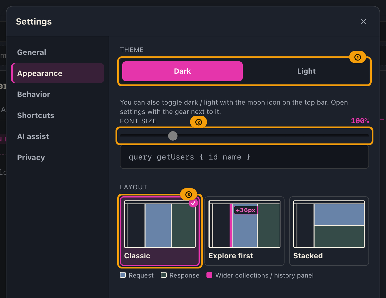 Settings opened from the gear with the Appearance tab selected, showing the theme, font size, and layout options