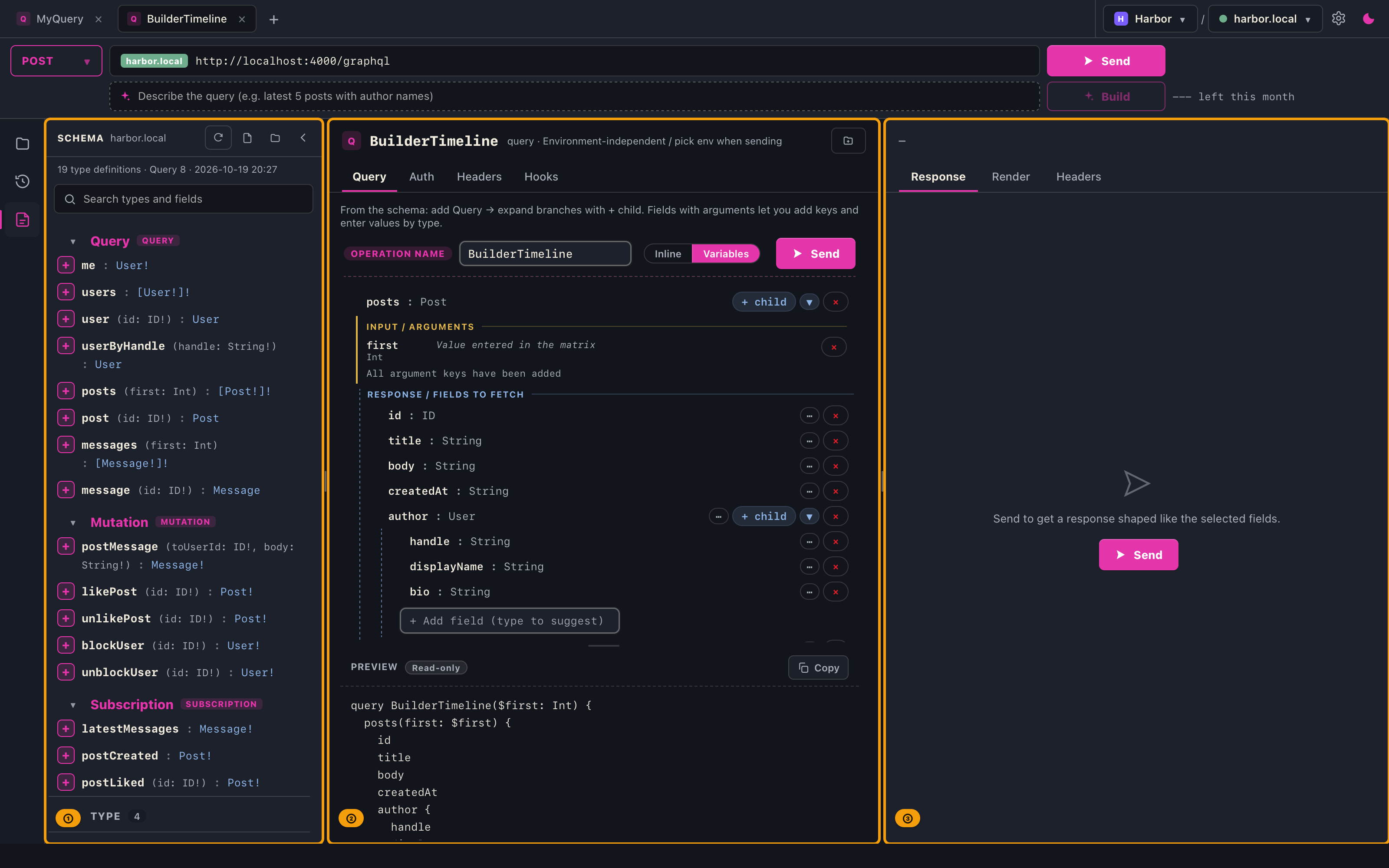 The GalleonQL main window, divided into three areas: the left panel, request, and response