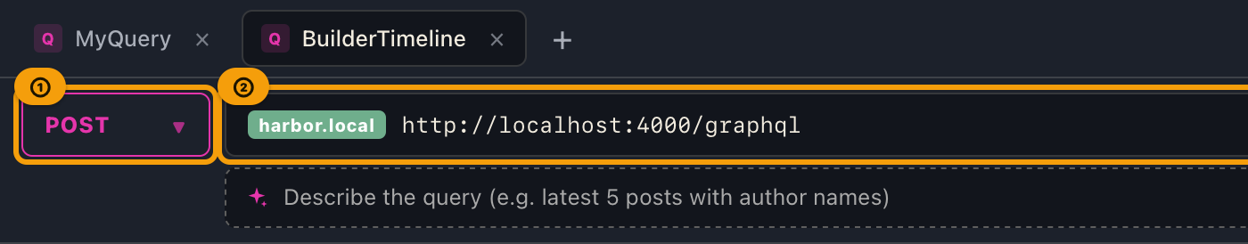 The left side of the top bar on Pro: the HTTP method and the resolved URL, with the AI assist input below