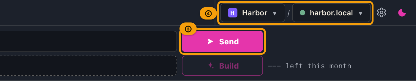 The right side of the top bar: the send button and the project and environment selectors