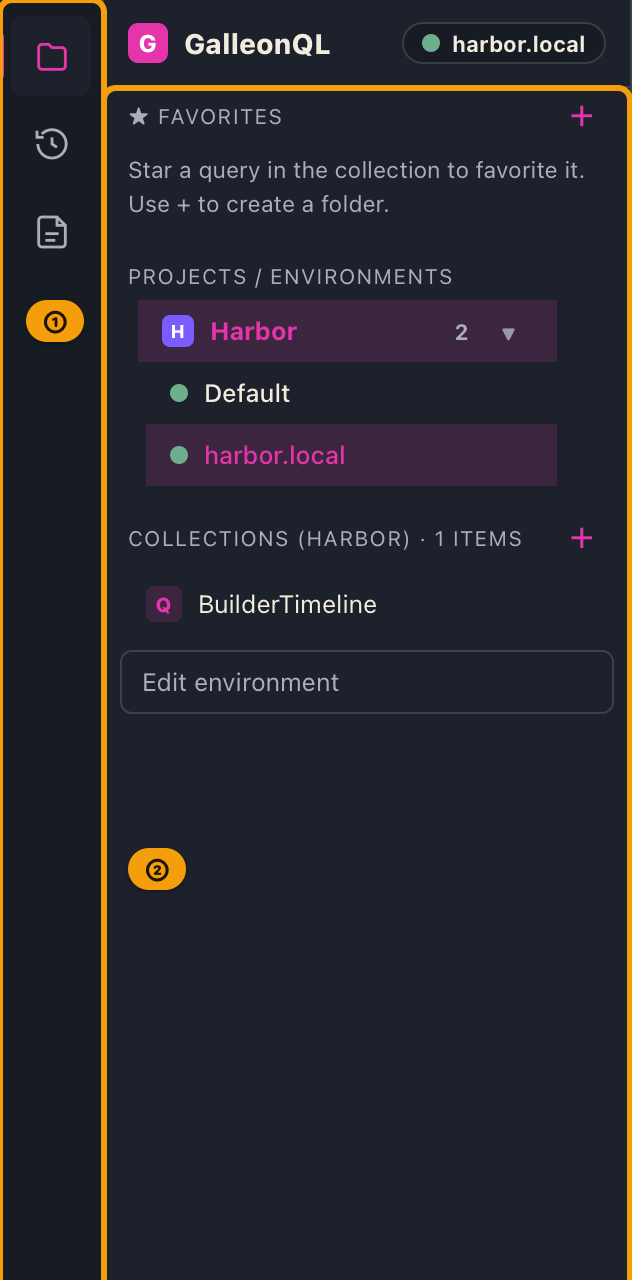 The left panel showing collections, with the rail on the left and a list of projects, environments, and collections