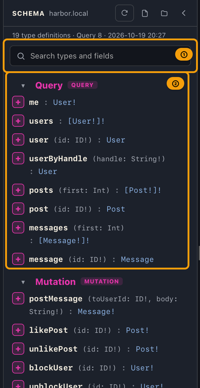 The left panel showing the schema, with the search box and the list of fields on the Query type