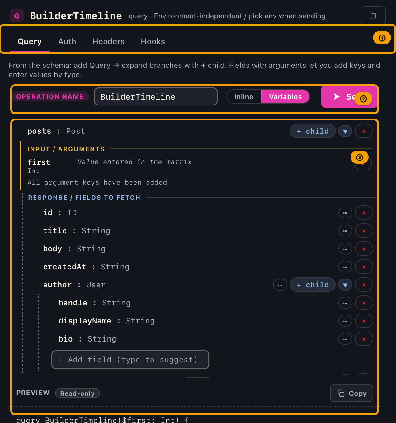 The request pane, with its tabs, the operation name and input mode controls, and the field tree being assembled
