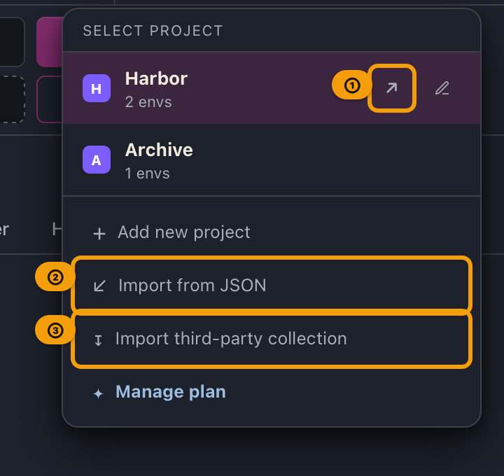 The project selector menu in the top bar, with the export button on a project row and the import buttons at the bottom
