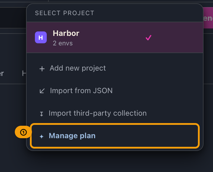 The project selector menu in the top bar, with Manage plan at the bottom