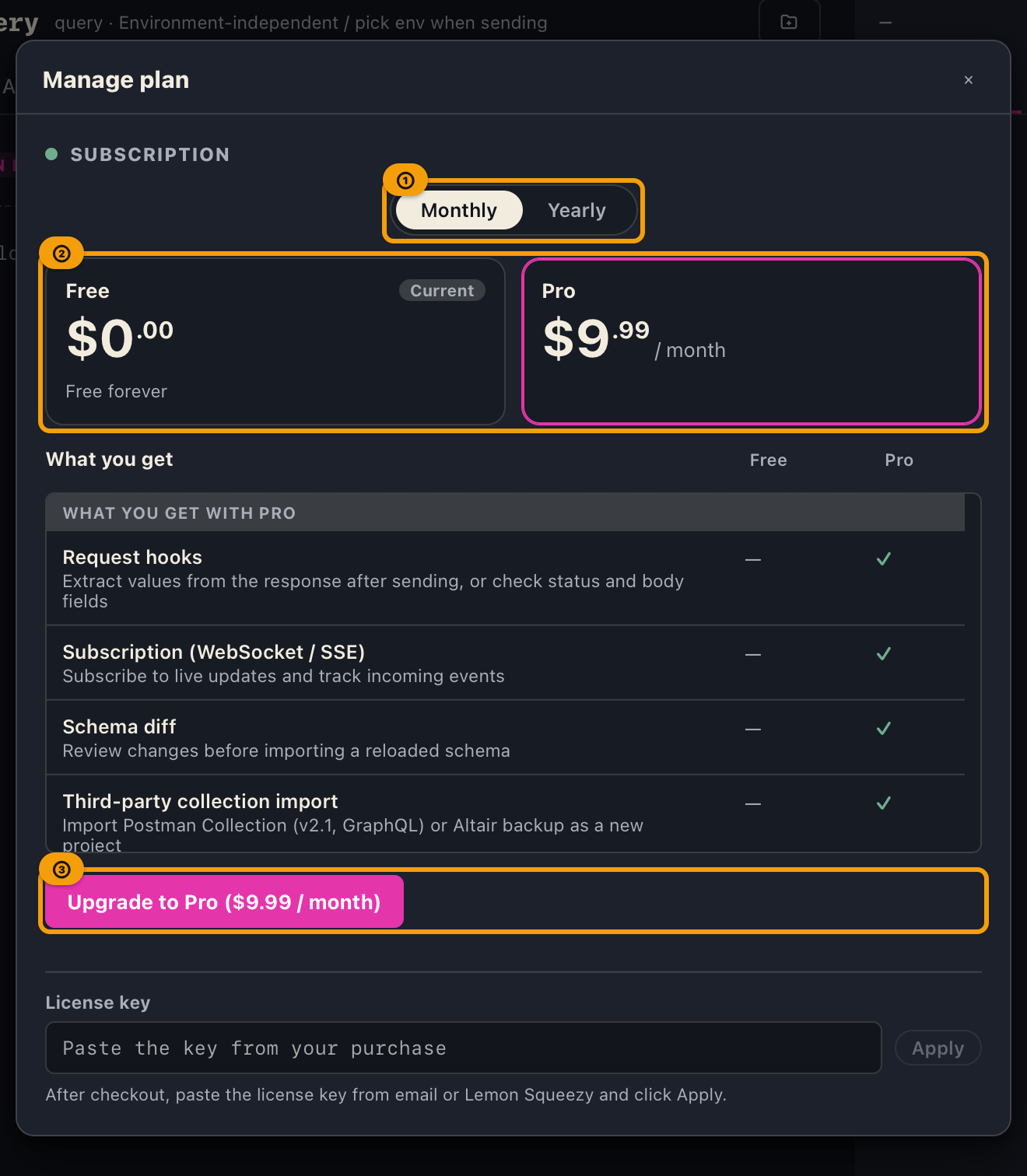 The plan management screen on Windows / Linux while on Free: the monthly / yearly toggle, the Free and Pro cards, the feature list, the upgrade button, and the license key field