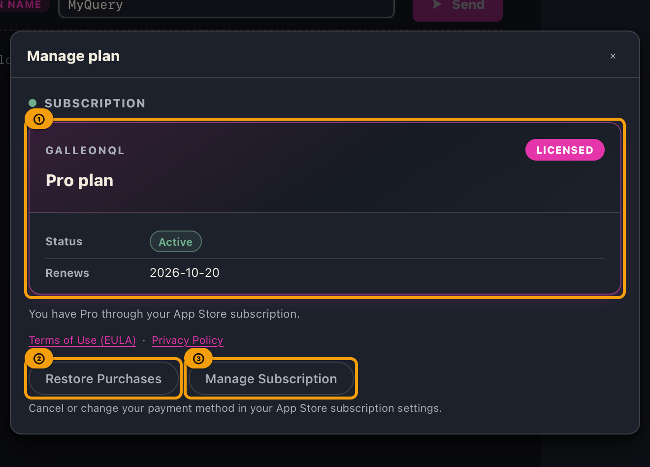 The plan management screen on macOS while subscribed to Pro: the subscription status card, and the Restore Purchases and Manage Subscription buttons