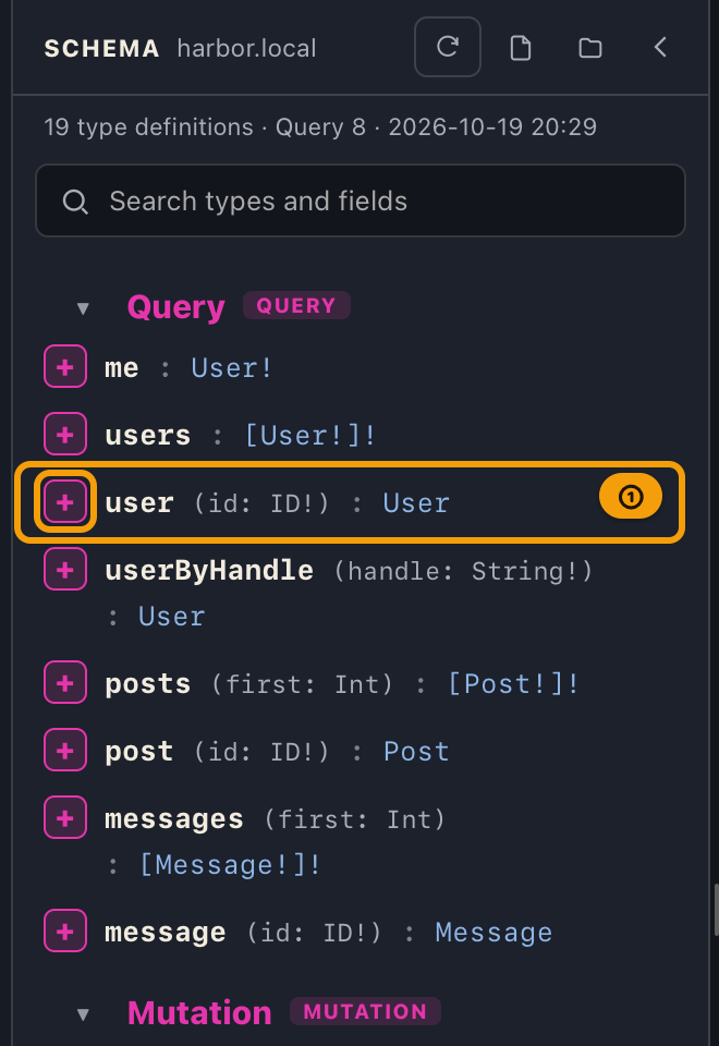 The schema panel, showing the user field row on the Query type with the insert button at the start of the row
