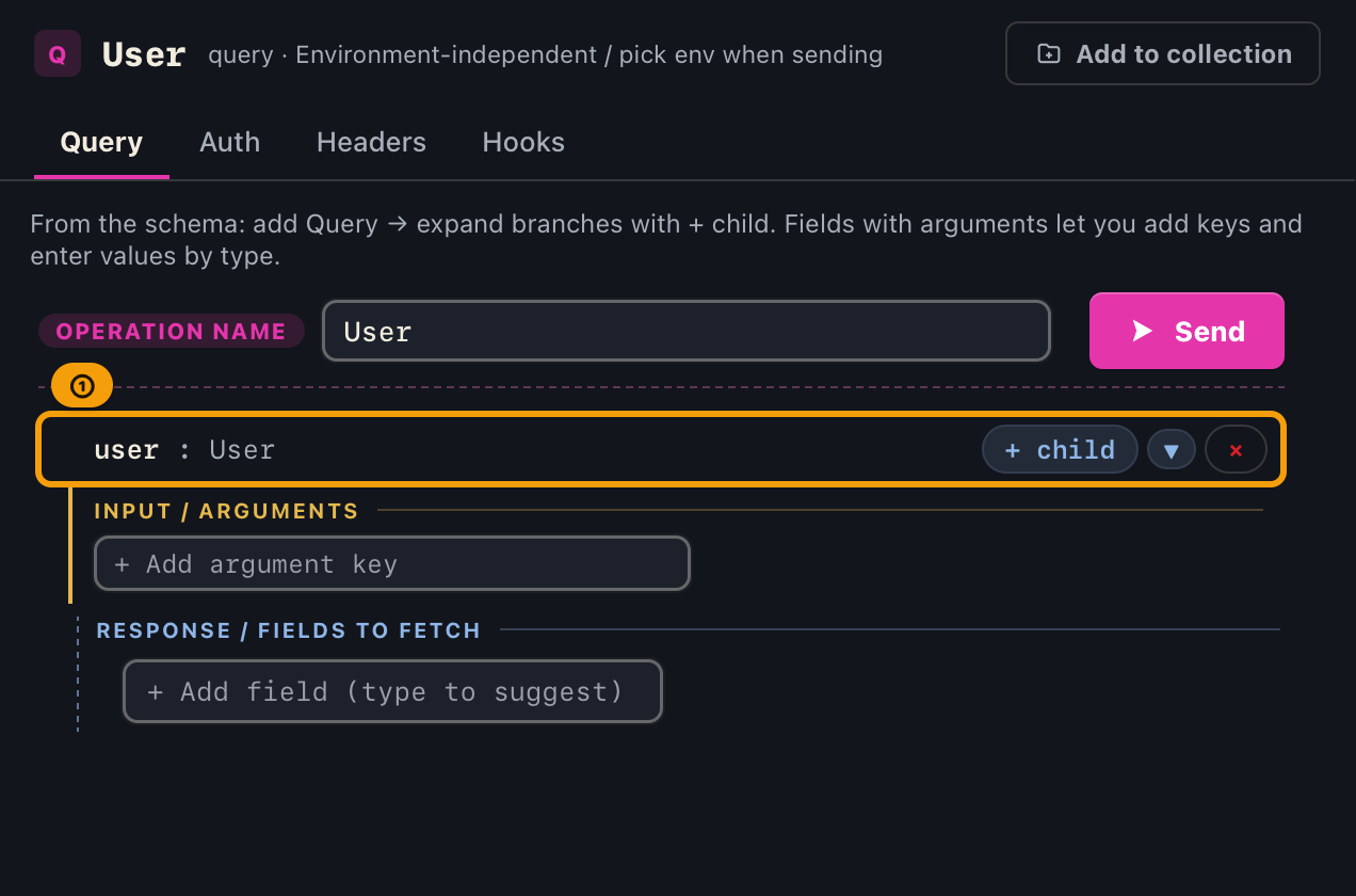 The query builder right after inserting, with user at the root and nothing inside it yet