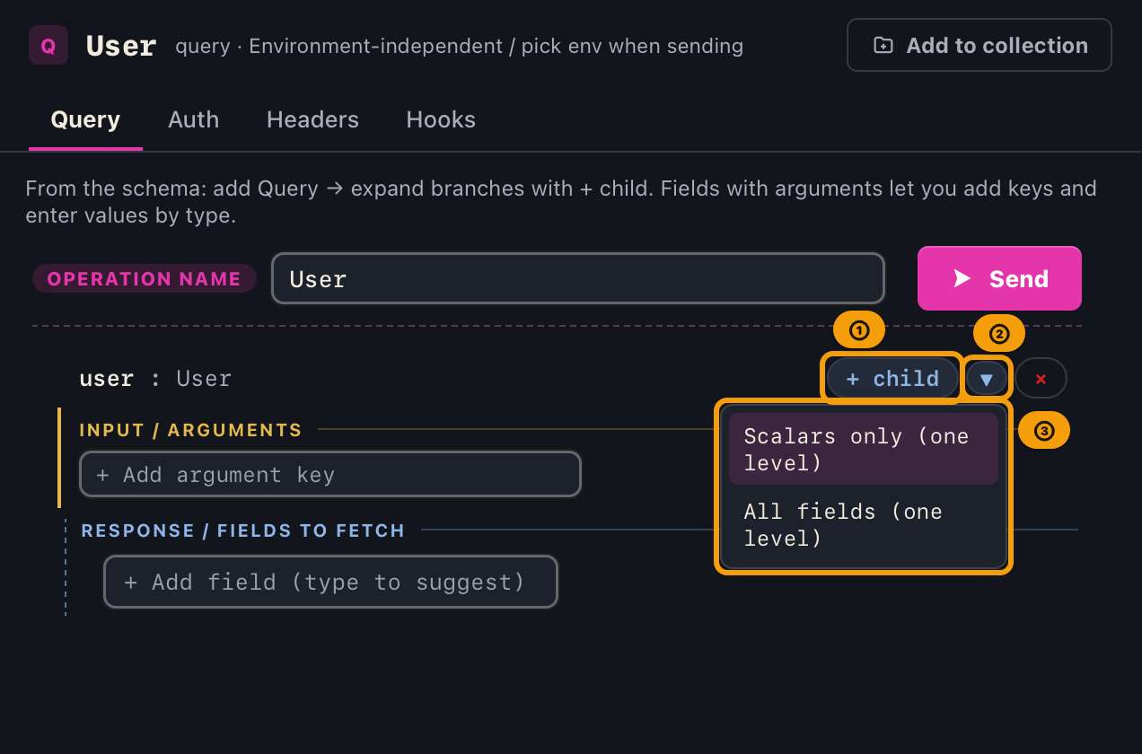 The + child split button with its granularity menu open