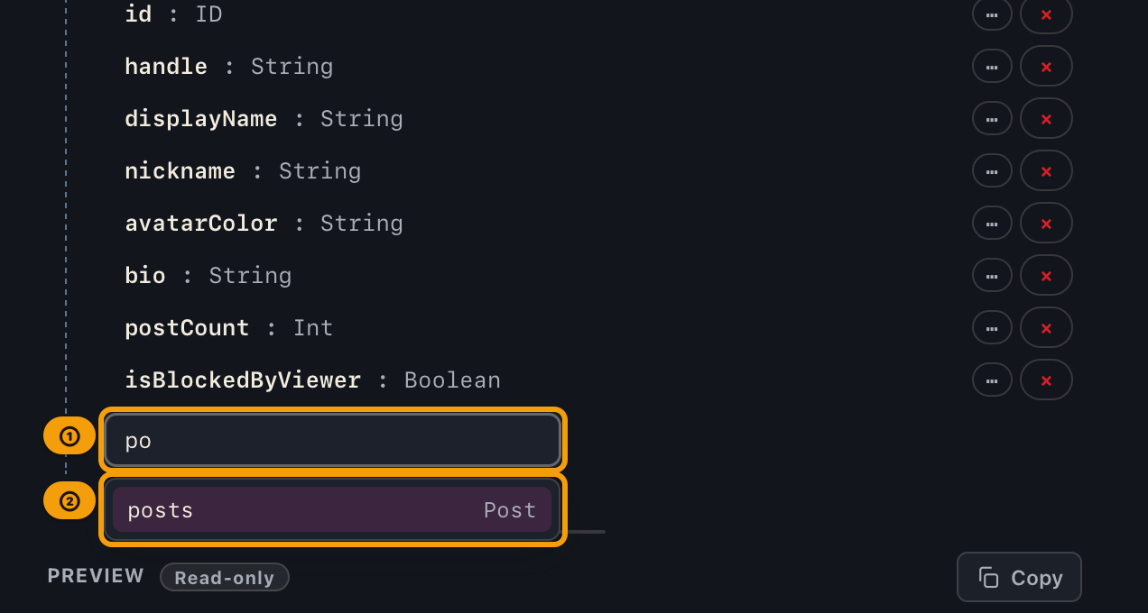 The suggest field with po typed in and posts offered as a candidate