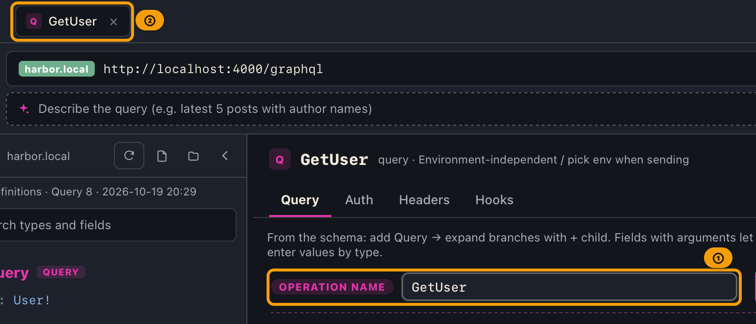 GetUser entered in the operation name field, with the request tab now named GetUser as well