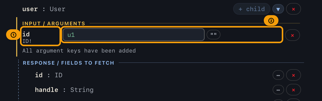 The id argument added to user, with u1 entered as its value