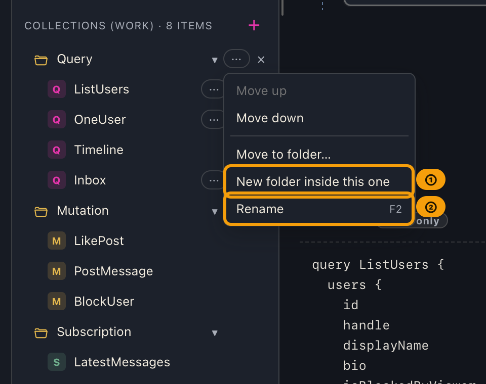 The ⋯ menu on a collection folder row, with the rename and create-folder items