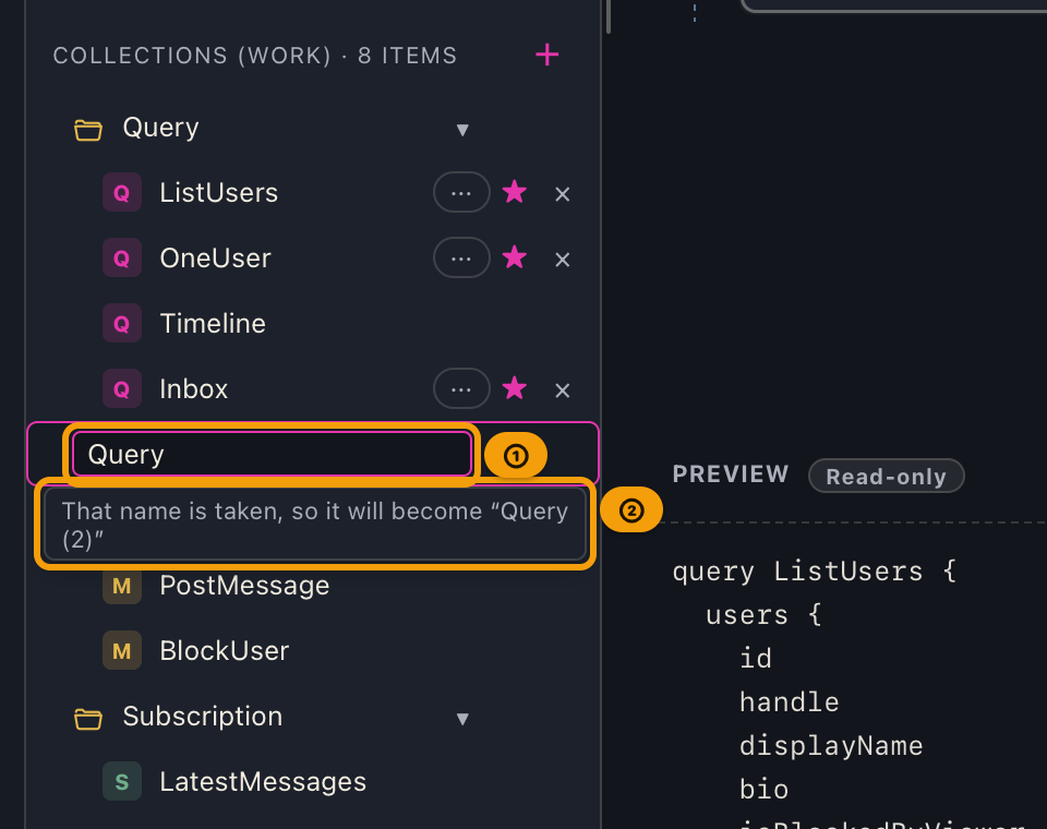 Renaming a folder to Query, which already exists in the same place; a notice under the field shows the number that will be added