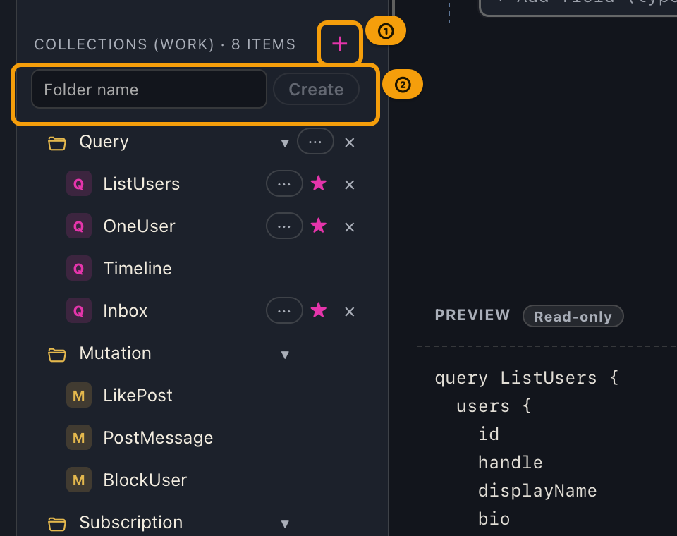 The folder name field that appears at the top after pressing ＋ in the collection heading