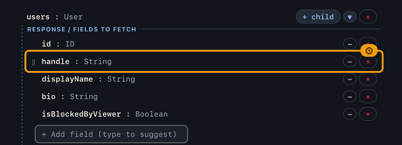 The handle row selected in the query builder, shown with a frame