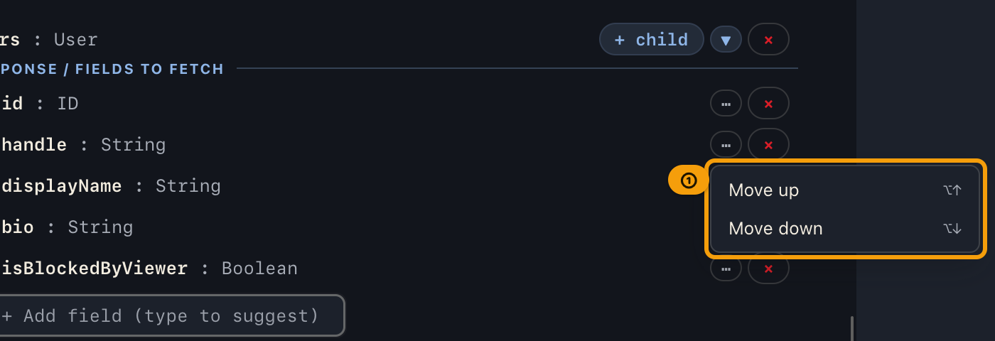 The ⋯ menu on a query builder row, with Move up and Move down