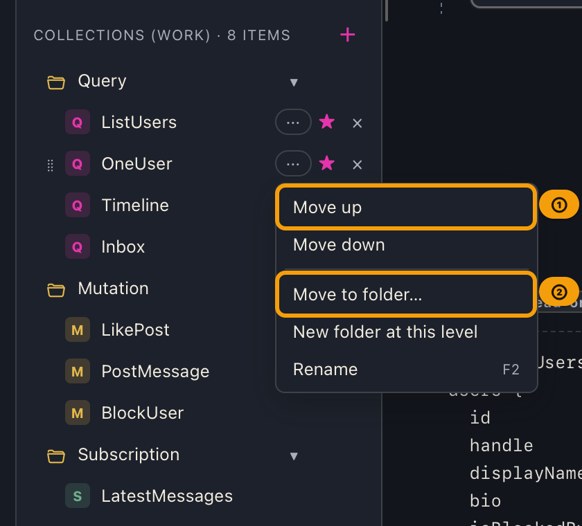 The ⋯ menu on a collection query row, with Move up, Move down, Move to folder, and more