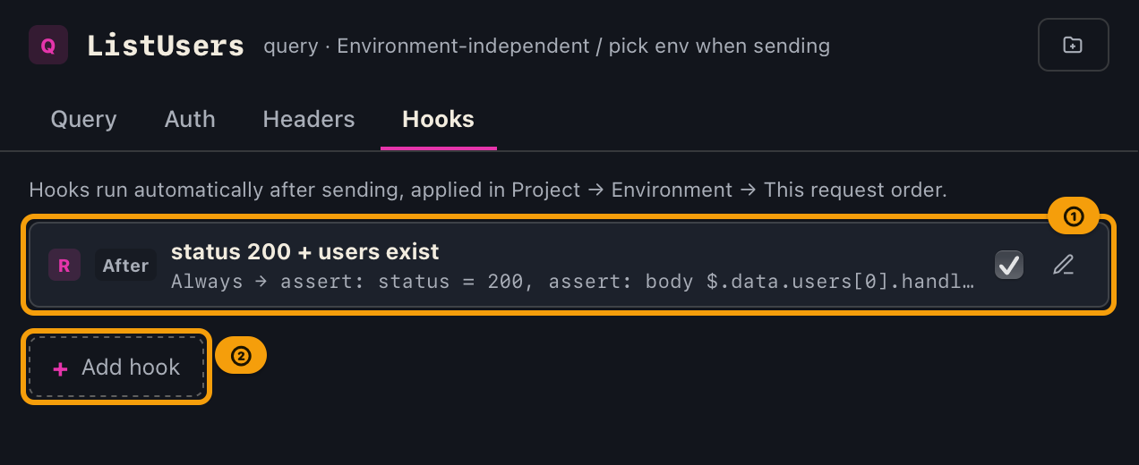 The Hooks tab in the request pane, listing the hooks for this request, with the button to add one