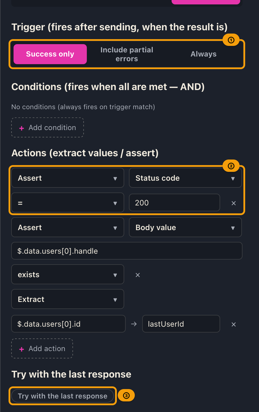 The hook editor, with the trigger, conditions, actions, and the button to try it on the last response