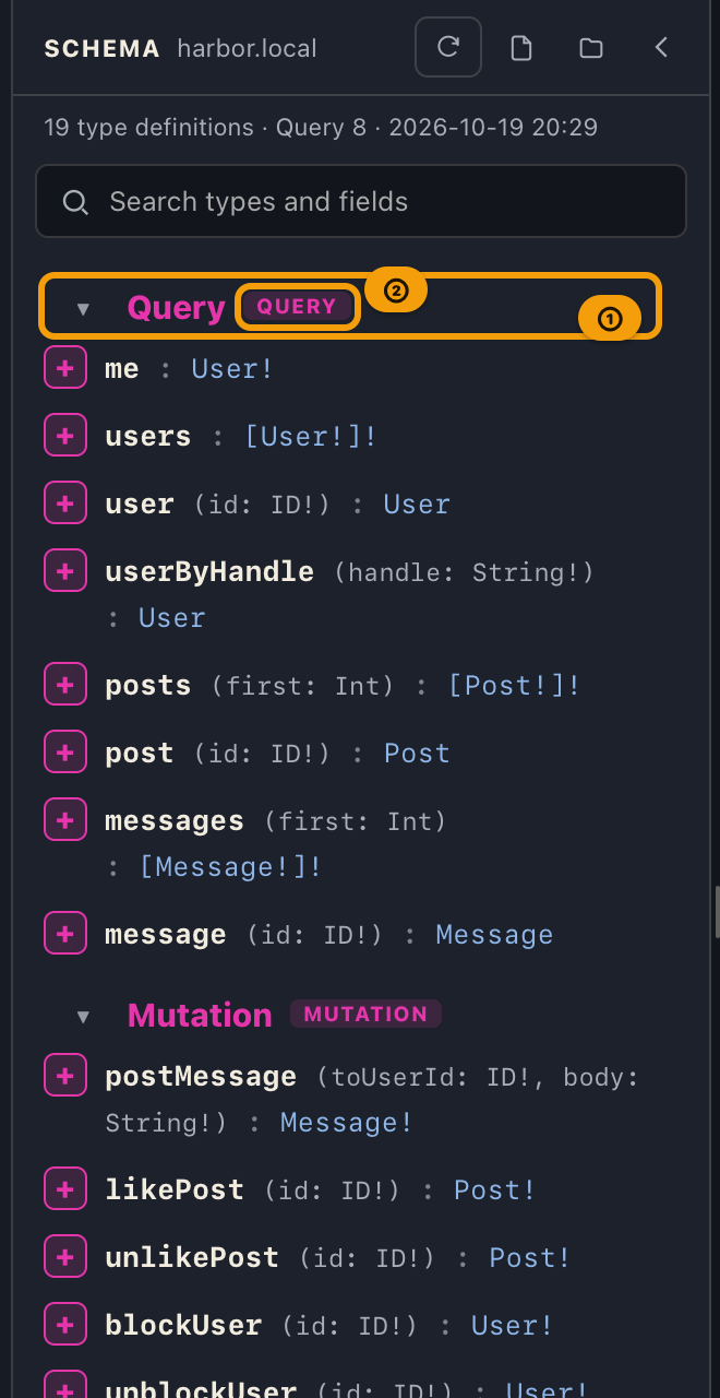 The top of the type catalog: the expanded Query type and its fields