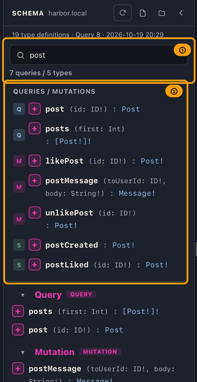 The catalog after typing post into the search box, showing only the matching fields and types