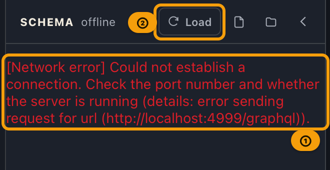 The schema panel showing a network error in red after trying to import from an unreachable endpoint