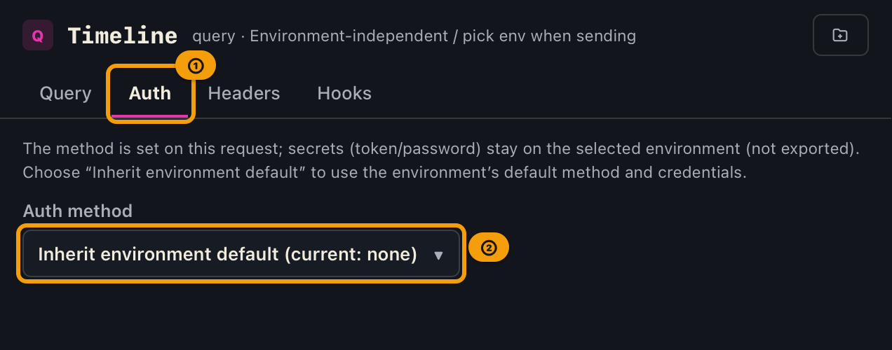 The Auth tab in the request pane, with the authentication method selector