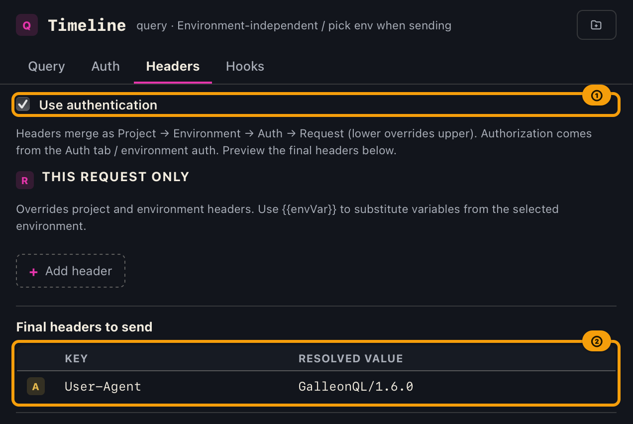 The Headers tab, with the use-auth checkbox, the request-specific headers, and the final headers to send