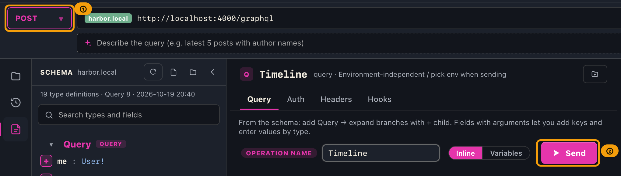 The HTTP method at the left of the top bar and the send button in the query builder