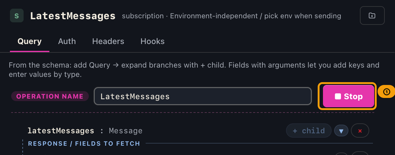 The query builder right after sending a subscription; the send button has turned into a stop button