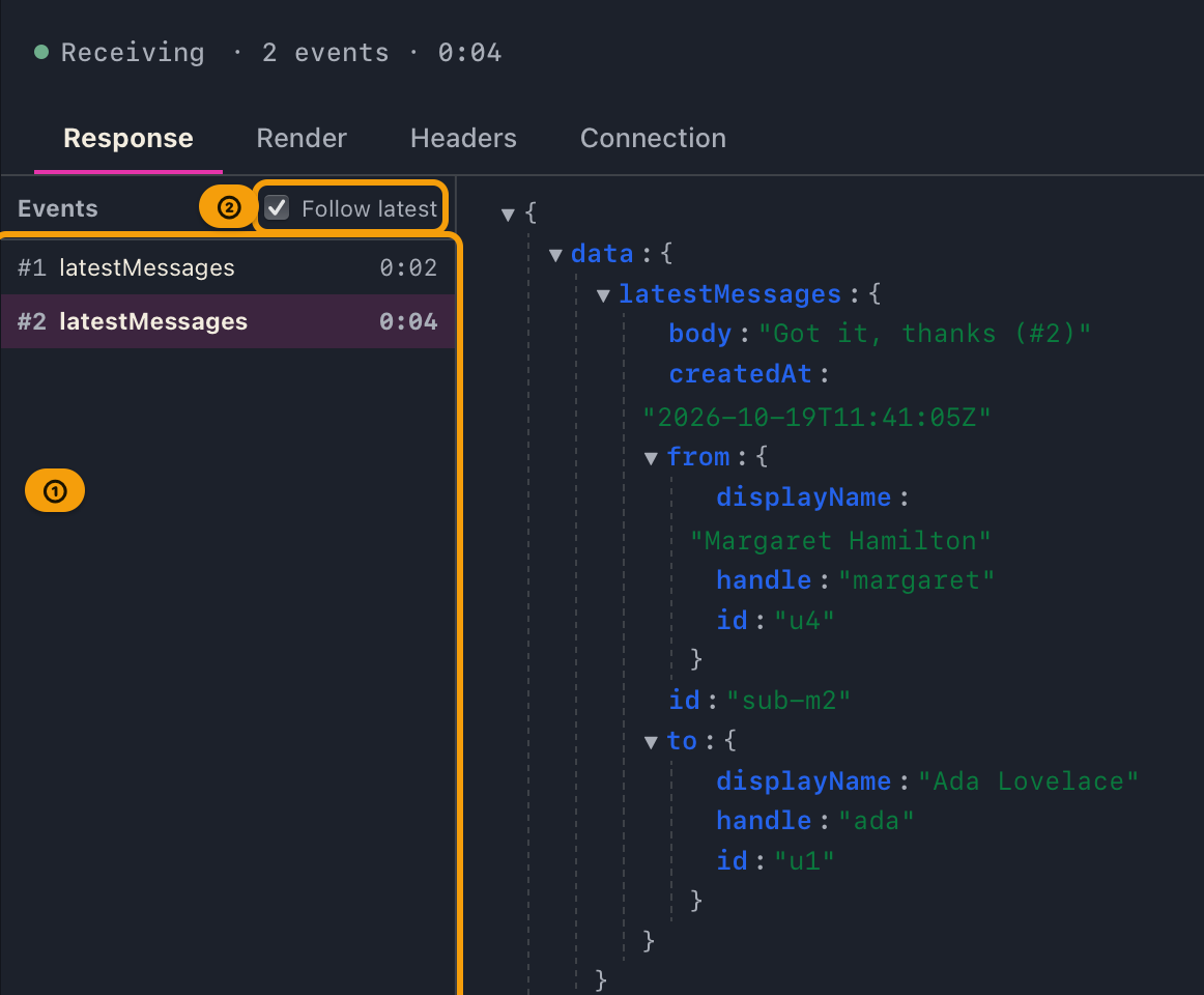 The response pane during a subscription: the event list on the left and the selected event on the right