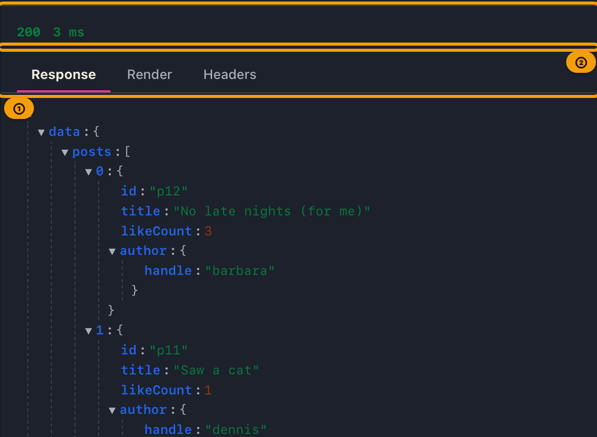 The response pane after a successful send, with the tabs, the status and elapsed time, and the JSON tree