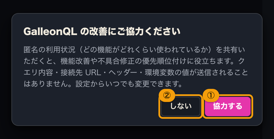 初回起動時に表示される、GalleonQL の改善にご協力くださいという案内